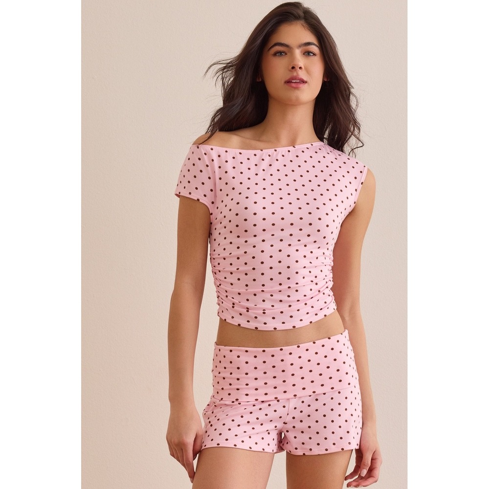 AS Revival Pink Brown Polka Dot Ruched Side Boat Neck Top Size XXS